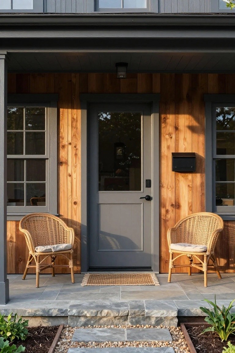 Front porch of a house with vertical warm-toned wood siding, grey paneled front door with glass and sidelight, two wicker armchairs with cushions, stone porch floor and steps, black mailbox, and small planted beds with gravel.