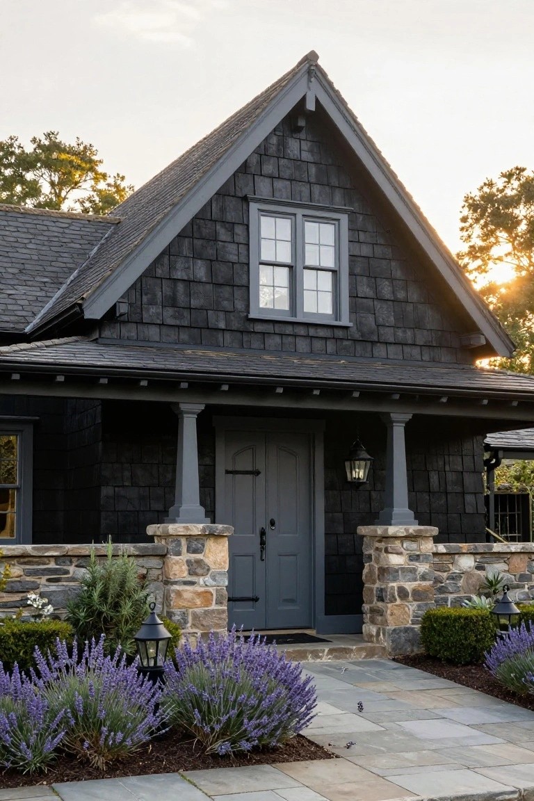 Black shingled house exterior with gabled roof, grey window frames and trim, porch with stone pillars and grey columns, dark grey front door, lanterns, lavender plants, and stone pathway.