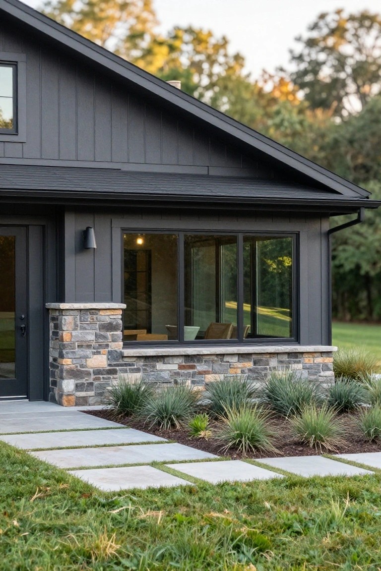 Close-up side view of a black board-and-batten house exterior featuring a stacked stone pillar beside a dark entry door, large black-framed windows, a concrete paver path, and ornamental grasses leading to a lawn with trees in the background.