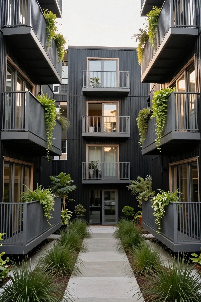 Multi-story apartment building clad in dark vertical panels with grey metal balcony railings draped in trailing green plants and a central concrete walkway edged by tall grasses.