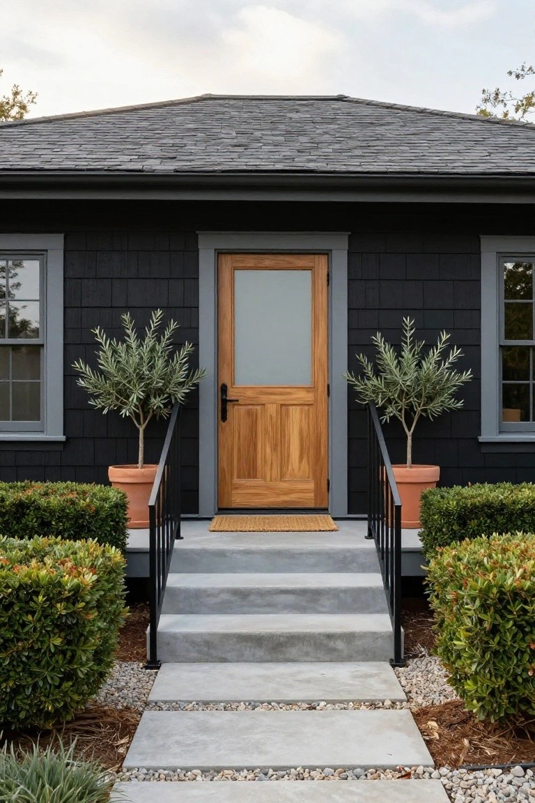 Front facade of a black shingled house with grey trim, featuring a wooden double door with frosted glass, flanked by potted olive trees, concrete steps with black railing, boxwood shrubs, and a gravel and paver path.