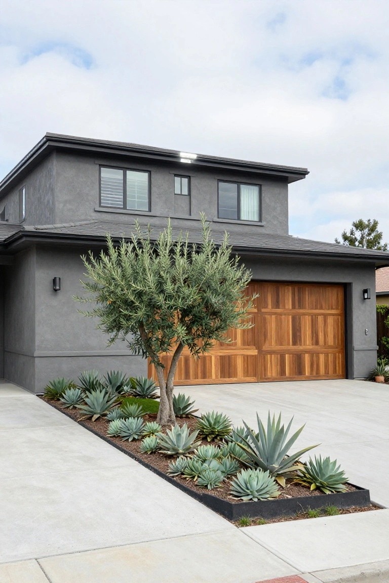Charcoal gray stucco two-story house exterior with large wooden garage door, olive tree beside it, and row of agave plants in metal-edged bed along concrete driveway.