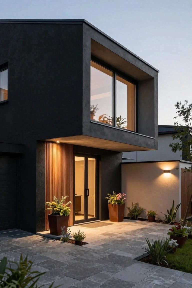 Corner view of a modern black stucco house exterior at dusk with vertical wood slats cladding the glass entry door, potted plants on either side, and grey stone pavers leading to the entrance.