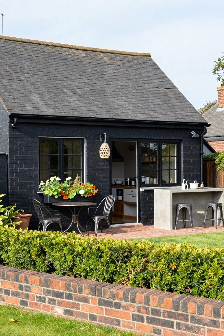 Small black brick gabled building with open black-framed double doors revealing white kitchen interior, concrete outdoor bar with two metal stools, round metal bistro table with four chairs on brick patio, boxwood hedge border and grass lawn in front.