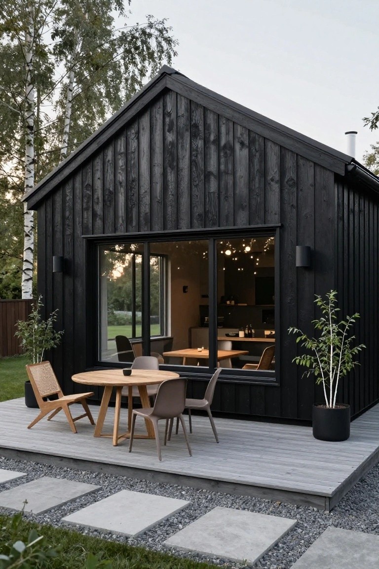 Small gabled cabin with black charred vertical wood siding, large sliding glass wall, and adjacent gray wood deck holding round wood table with rattan and molded chairs, potted plants, concrete pavers, gravel ground cover, and birch trees nearby.