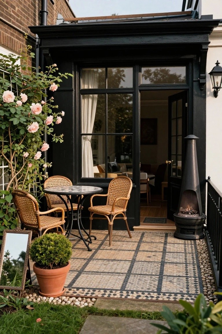 Black-framed glass conservatory extension with open doors revealing an interior room, adjacent tiled patio with two rattan armchairs and small round table, conical gas fire pit, climbing pink roses against the wall, potted boxwood plant, and gravel border on grass.