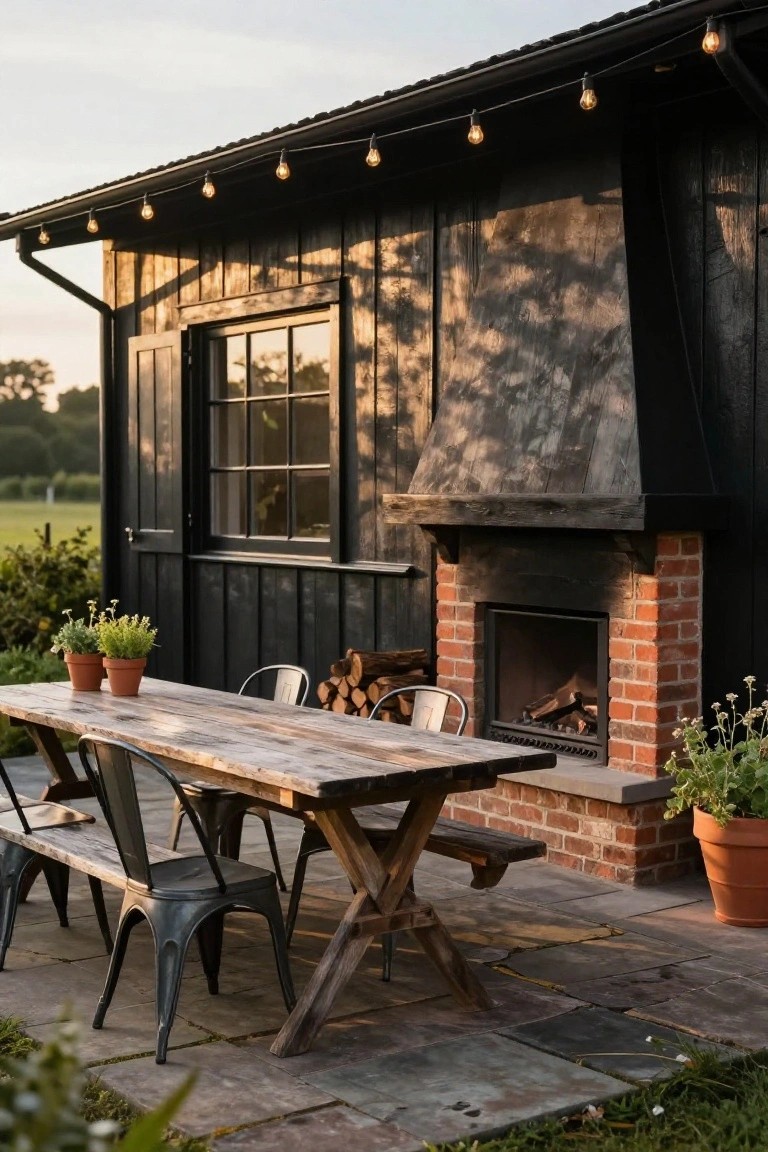 Black wooden shed building with window and overhang adjacent to stone patio featuring rustic wooden dining table, metal chairs, stacked firewood, brick outdoor fireplace with lit gas logs, potted plants, and string lights overhead at dusk.
