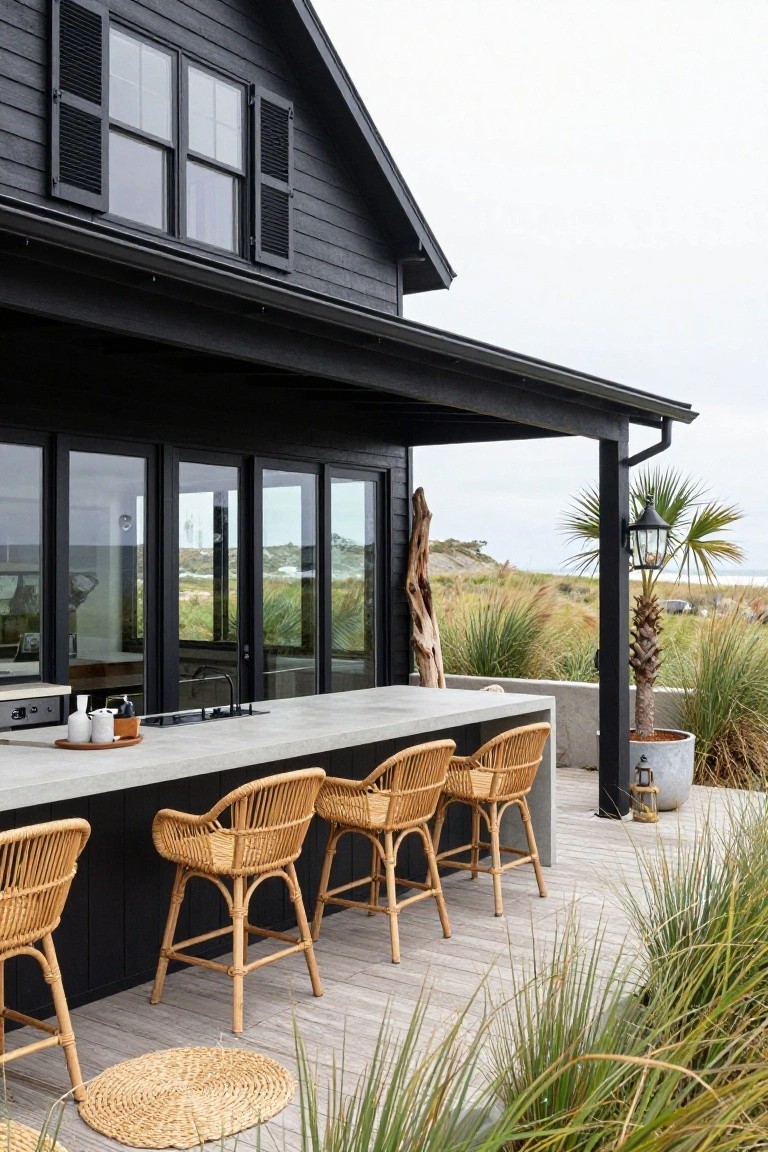 Black shingle house with covered porch and concrete bar counter lined with rattan barstools, overlooking grassy dunes and ocean.