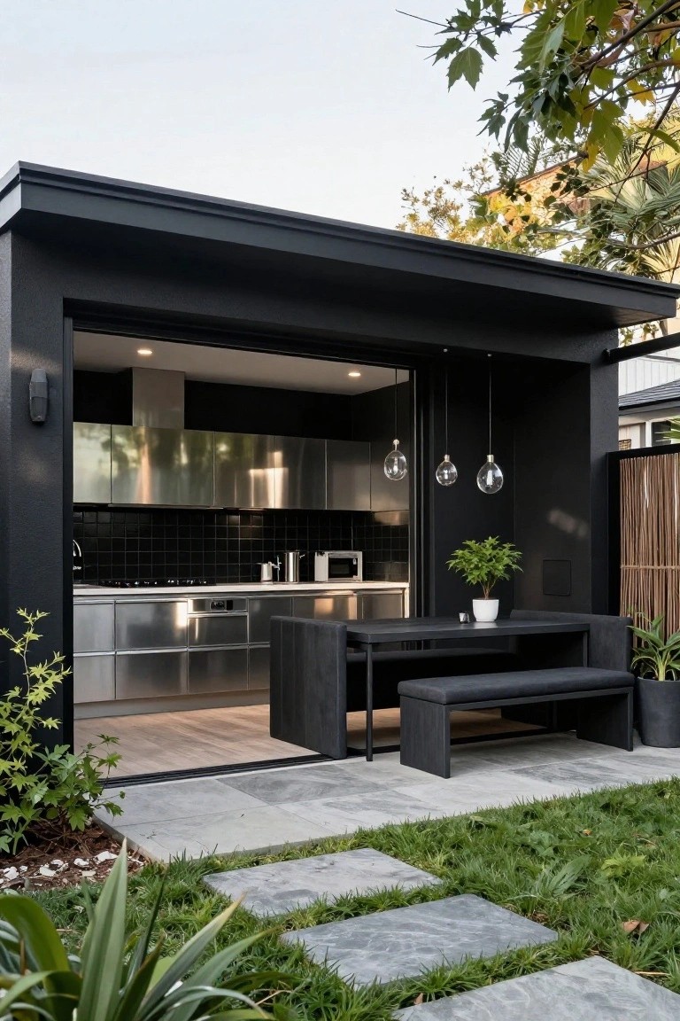 Black rectangular pavilion structure housing an open-air kitchen with stainless steel cabinets, black subway tile backsplash, pendant lights, and adjacent black rectangular dining table with benches on a stone-paved patio amid grass and plants.
