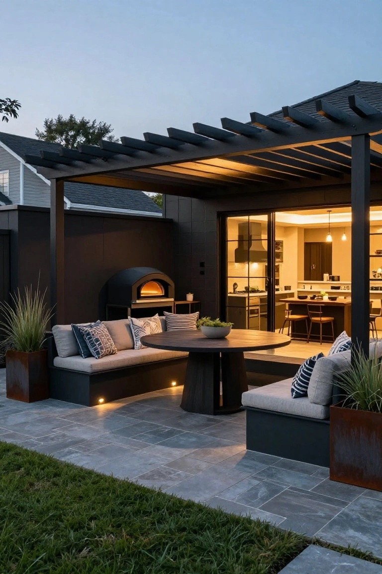 Black wood-fired pizza oven built into a dark wall on a patio with L-shaped built-in seating, round wooden table, potted grasses, black pergola overhead, and sliding glass doors opening to a lit kitchen.