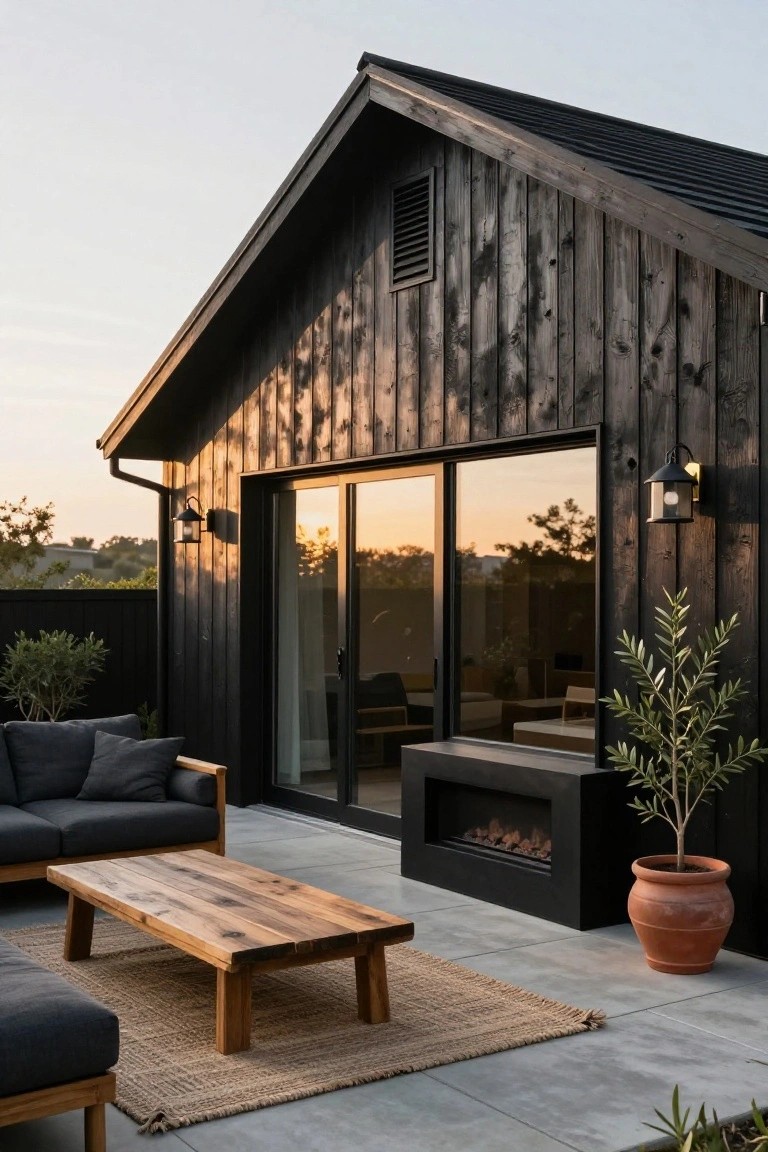 Black charred wood clad house exterior with gabled roof, large black-framed sliding glass doors, and adjacent concrete patio holding dark gray sofa, low wooden coffee table, seagrass rug, built-in black linear gas fireplace, potted olive tree, and wall lanterns at sunset.