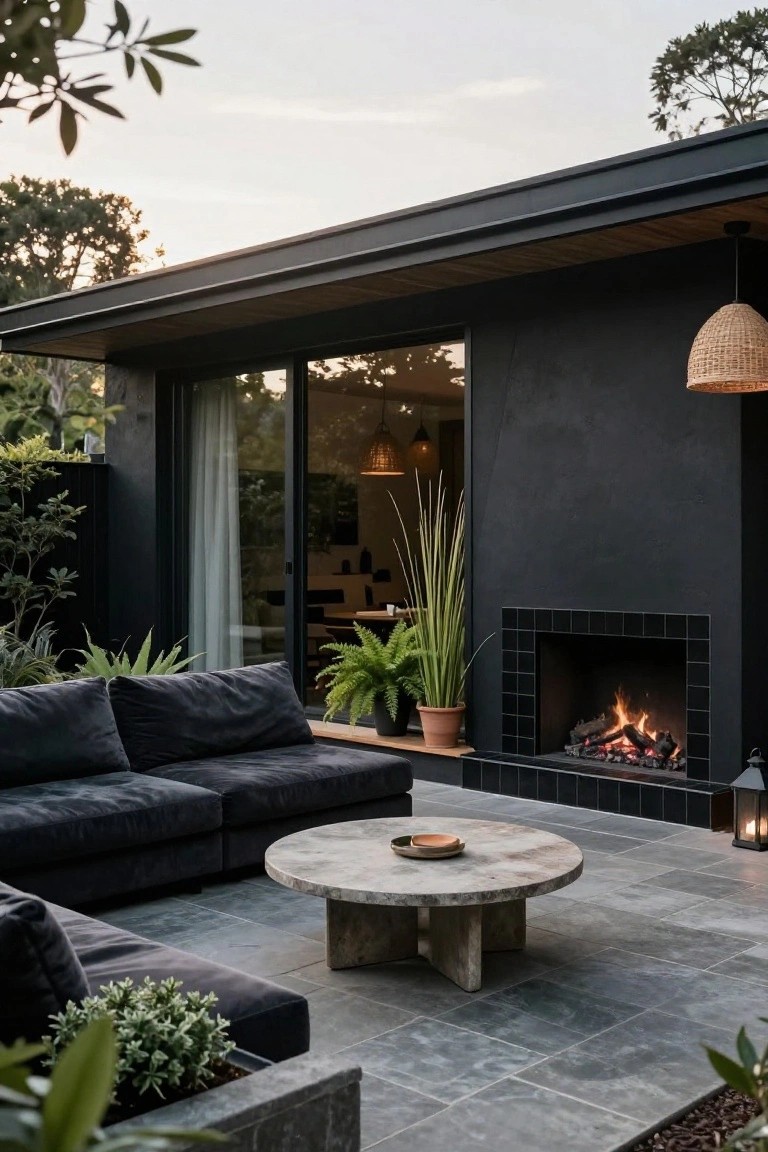 Black modern house exterior with open sliding glass doors to a patio featuring L-shaped black velvet sofa, round stone coffee table, built-in black-tiled fireplace with lit gas logs, potted plants, pendant lights, and gray tile flooring amid greenery.