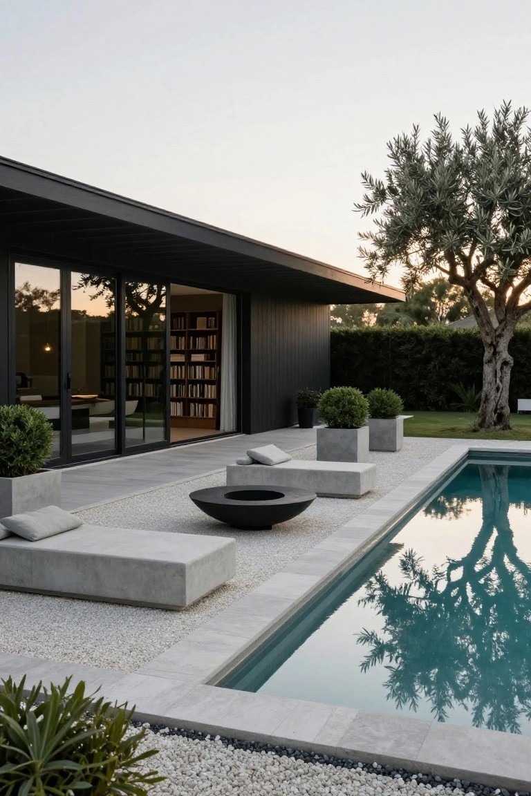 Black modern house with sliding glass doors opening to a gray patio with white pebble ground, low concrete benches and seat, black fire bowl, potted boxwood shrubs, and adjacent rectangular turquoise pool with gray stone edging and olive tree nearby.