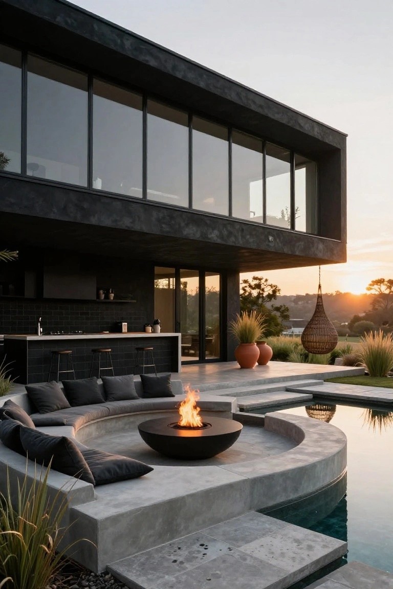 Modern black house with large glass walls and outdoor kitchen overlooking a concrete patio featuring curved built-in seating around a black fire pit bowl next to an infinity-edge pool, surrounded by grasses and potted plants at sunset.