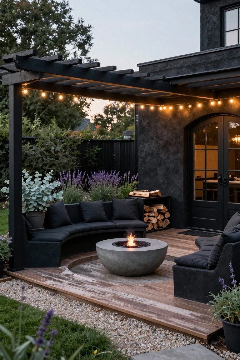 Black curved outdoor sofa encircling a lit concrete fire pit on a wooden deck under a black pergola with string lights, adjacent to a dark stucco house wall, lavender plants, and firewood stack.