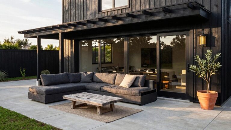 Black charred wood clad house exterior with gabled roof, large black-framed sliding glass doors, and adjacent concrete patio holding dark gray sofa, low wooden coffee table, seagrass rug, built-in black linear gas fireplace, potted olive tree, and wall lanterns at sunset.
