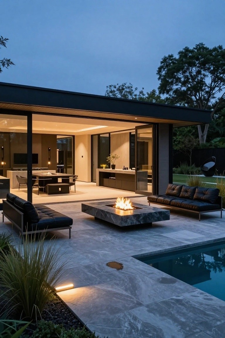 Modern black house with open sliding glass doors to a patio at dusk, showing black leather L-shaped sofas around a rectangular gray stone gas fire table, next to a pool with surrounding plants and trees.