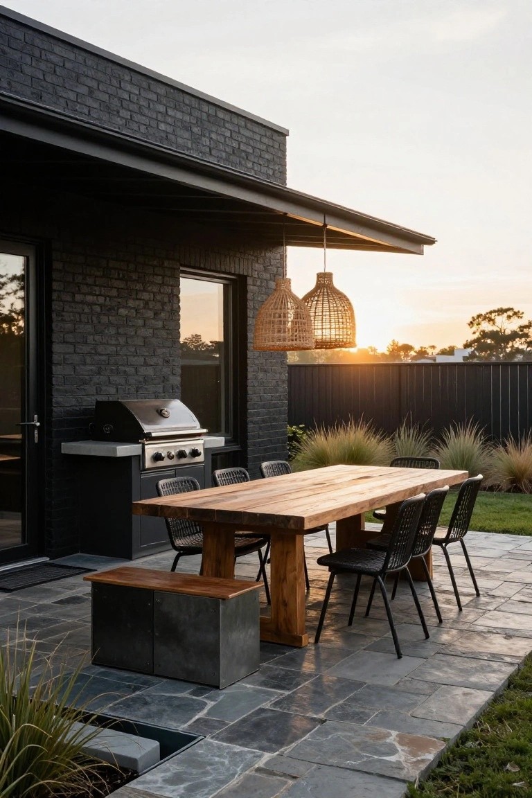 Black brick house wall with built-in gas barbecue adjacent to a long wooden dining table surrounded by rattan chairs and a wooden bench on a slate stone patio under a covered area with two hanging rattan pendant lights at sunset.