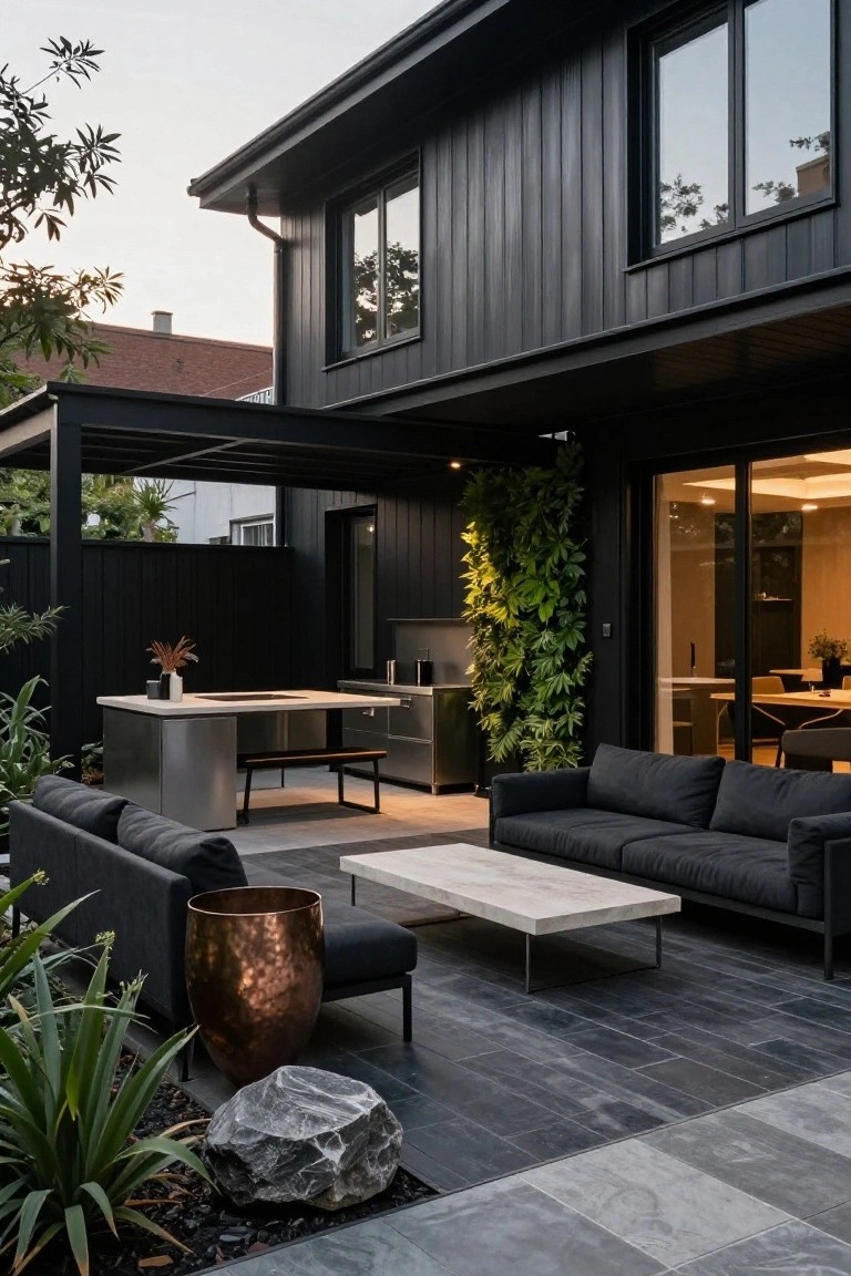 Back exterior of a black wood-clad modern house featuring a covered patio with stainless steel outdoor kitchen island, black lounge sofas around a white coffee table, vertical green wall, potted plants, and dark tiled flooring.
