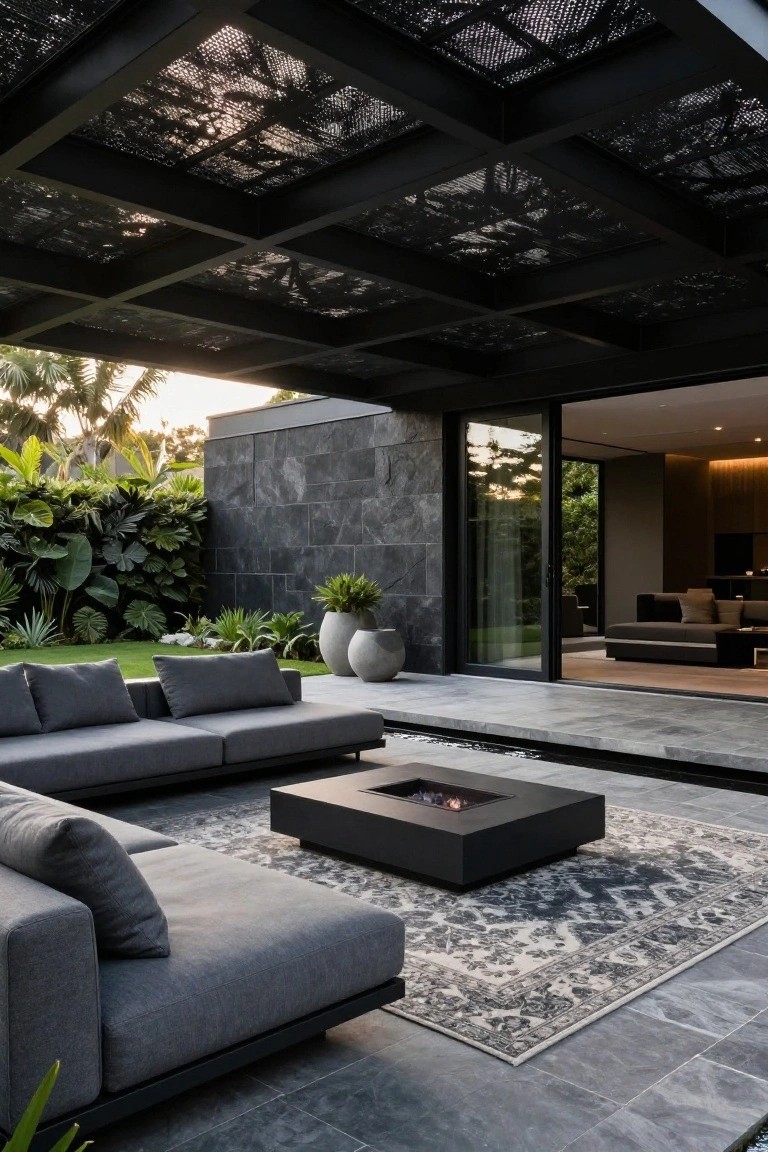 Black lattice metal pergola covers an outdoor patio with L-shaped gray sofa, square black fire table on gray tile floor, large potted plants, and open glass doors to a dark interior beside tropical greenery.
