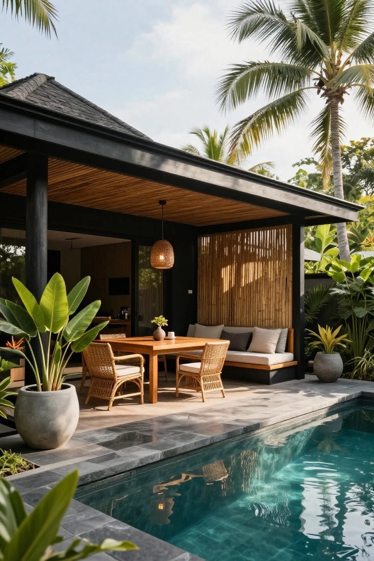 Black tropical house exterior with covered wooden-ceiling patio, rattan dining table and chairs, cushioned bench, potted plants, bamboo screen, and adjacent rectangular turquoise plunge pool on dark gray stone tiles surrounded by greenery.