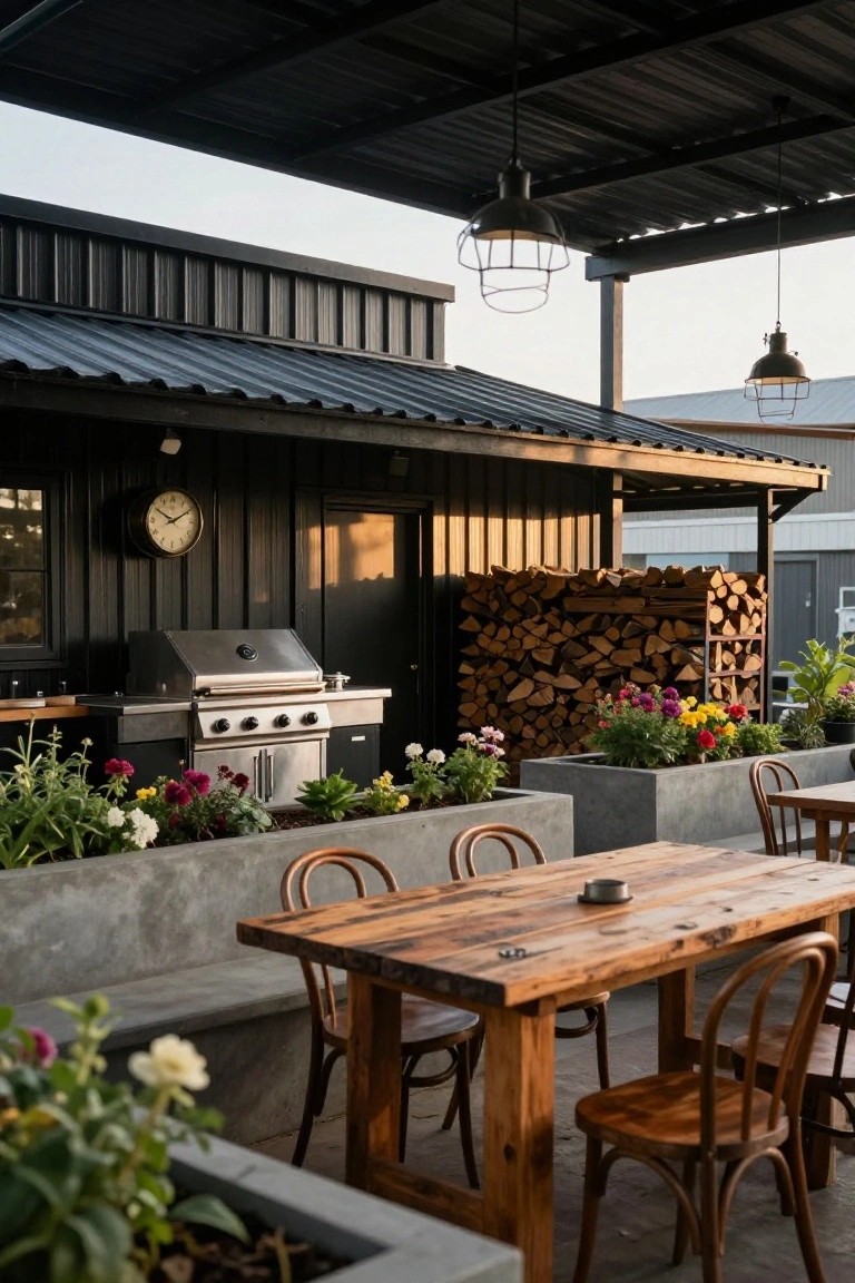 Covered concrete patio attached to black wood-clad building with stainless steel grill, firewood stack, reclaimed wood dining table, bentwood chairs, and concrete planters filled with flowers.