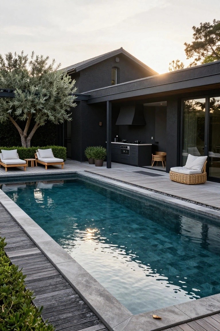 Black modern house exterior with an integrated black outdoor kitchen, rectangular turquoise mosaic-tiled pool, teak decking, loungers with cushions, rattan chair, and olive trees at sunset.