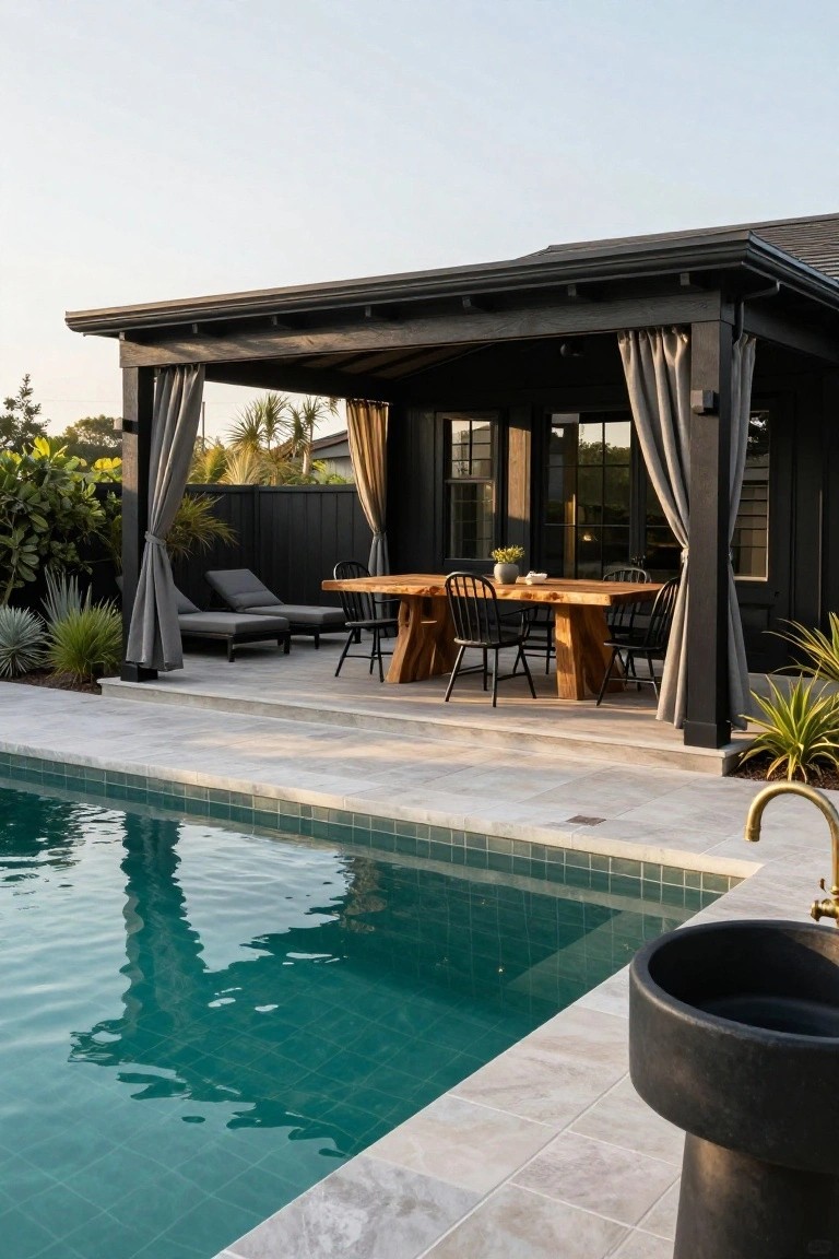 Black timber pergola with gray draped curtains covers an outdoor wooden dining table with black chairs and two loungers next to a green-tiled pool and black pedestal sink on a light stone patio.