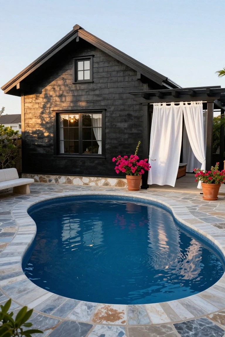 Black shingled house exterior beside a kidney-shaped blue swimming pool with pebble mosaic decking, wooden pergola draped in white curtains, potted red flowers, stone bench, and tropical plants.