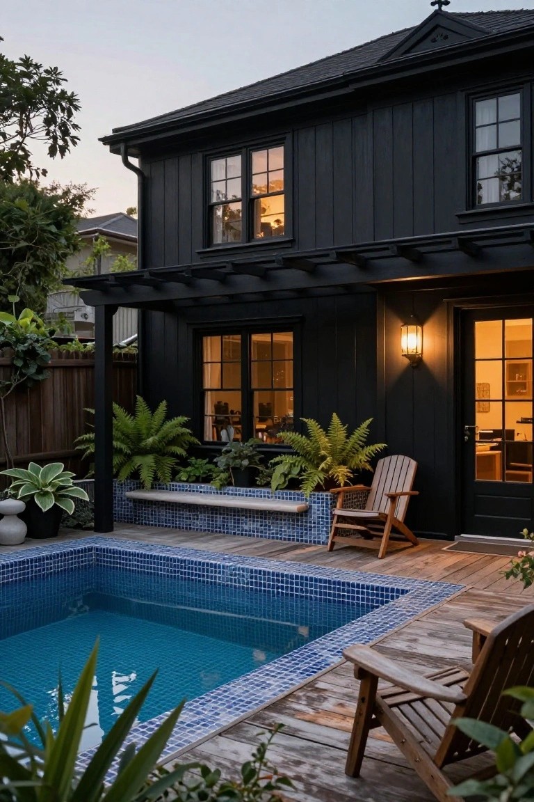 Backyard view of a two-story black vertical board-and-batten house with gabled roof, black pergola, large windows, glass door, wooden deck with Adirondack chairs, potted plants, and small rectangular pool with blue mosaic tiles at dusk.