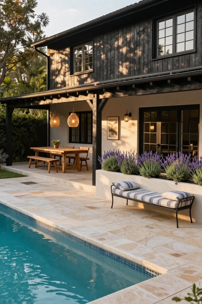 Rear exterior of a two-story house with black vertical wood siding, covered porch with rattan hanging lanterns and wooden dining table with benches, raised planters of lavender along deck edge, metal daybed lounge, and turquoise lap pool with travertine pavers.
