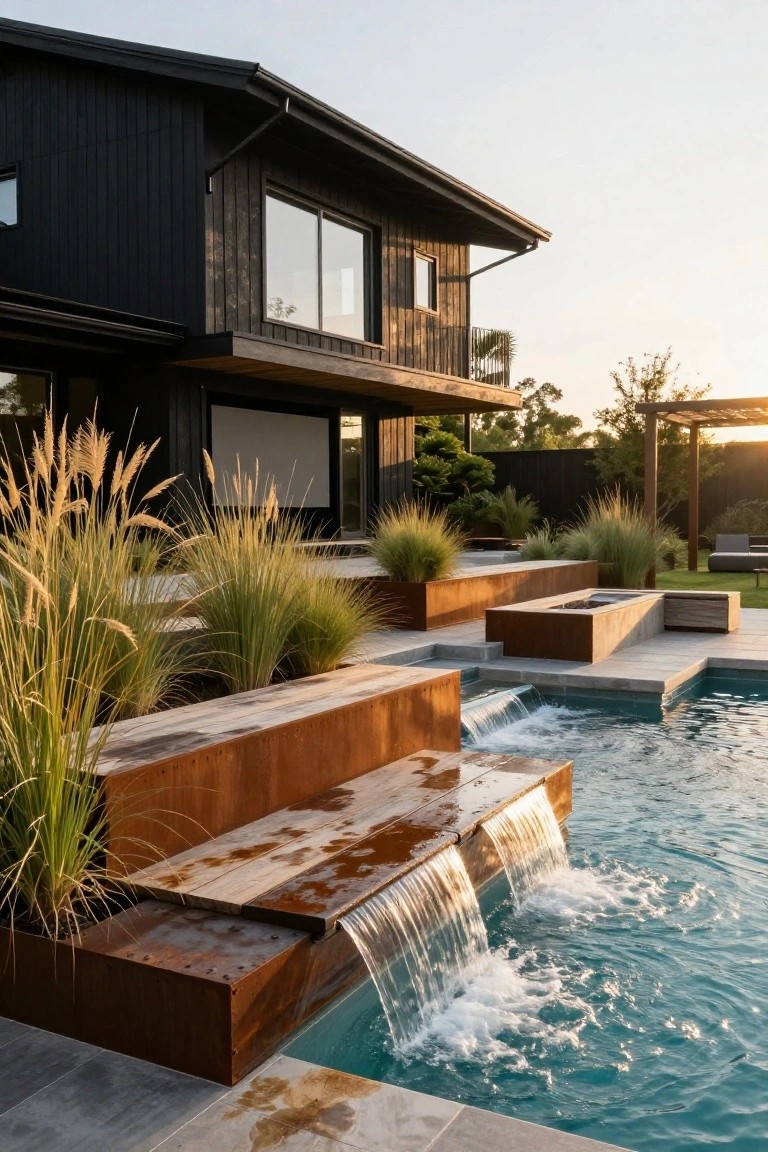 Black wood-clad modern house exterior adjacent to an infinity-style pool with corten steel raised planters overflowing water into the pool, tall grasses in planters, a nearby fire pit, and stone decking.