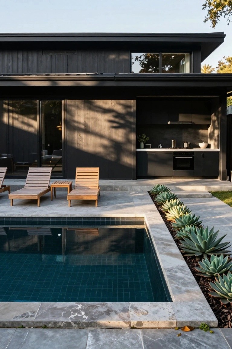 Black timber-clad modern house with integrated outdoor kitchen including black cabinets, sink, stove, and oven, adjacent to a rectangular blue-tiled pool edged by travertine pavers and agave plants, wooden sun loungers on the deck.