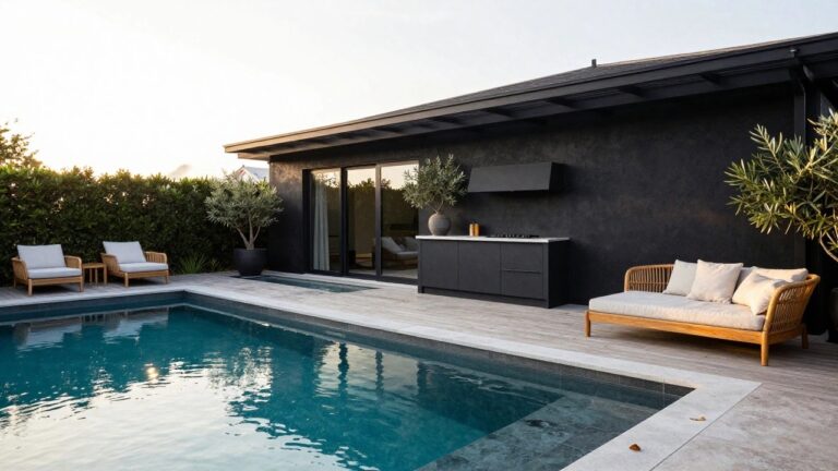 Black modern house exterior with an integrated black outdoor kitchen, rectangular turquoise mosaic-tiled pool, teak decking, loungers with cushions, rattan chair, and olive trees at sunset.
