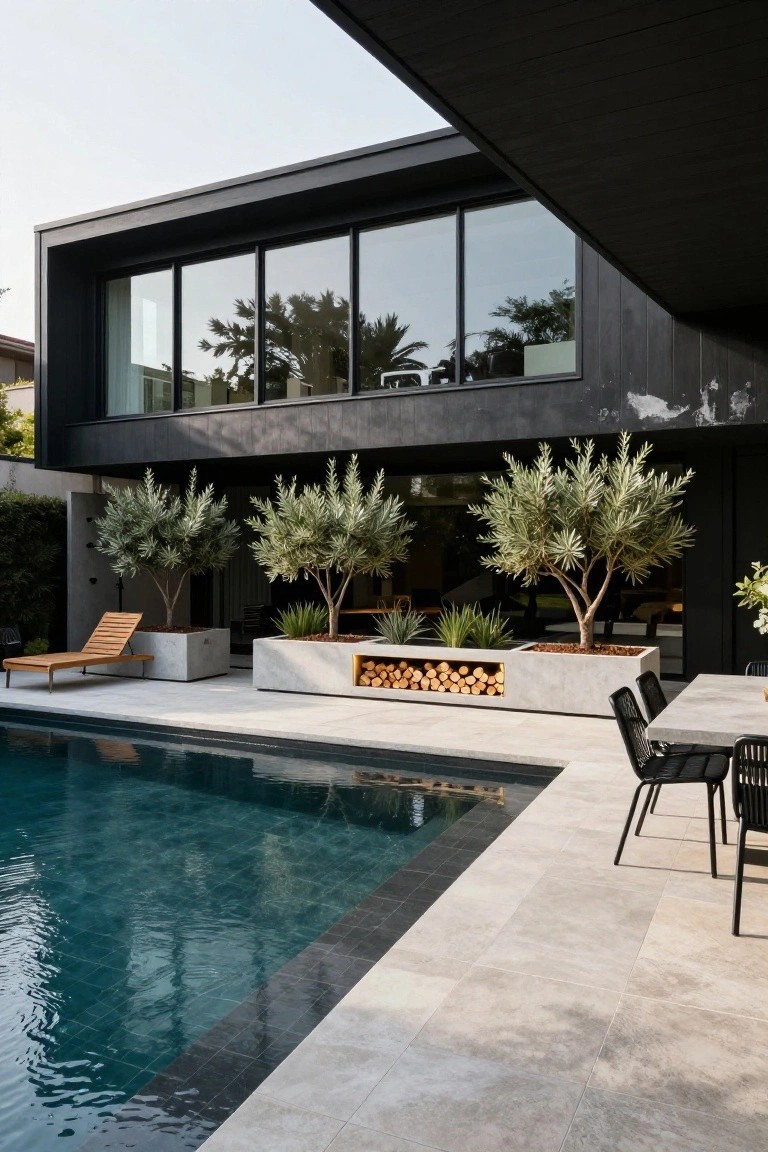 Modern black vertical-clad house with overhanging roof and large floor-to-ceiling windows overlooking a rectangular pool with dark edge tiles, light gray stone deck, concrete planters holding olive trees and firewood logs, wooden chaise lounge, and black metal dining chairs.