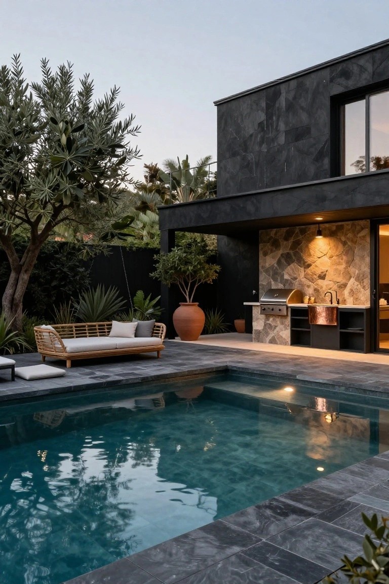 Black matte stone house exterior adjacent to a turquoise rectangular pool with black slate decking, rattan daybed lounge with cushions, large terracotta pots, and built-in outdoor kitchen featuring stone wall, stainless grill, and copper sink under an overhang at dusk.