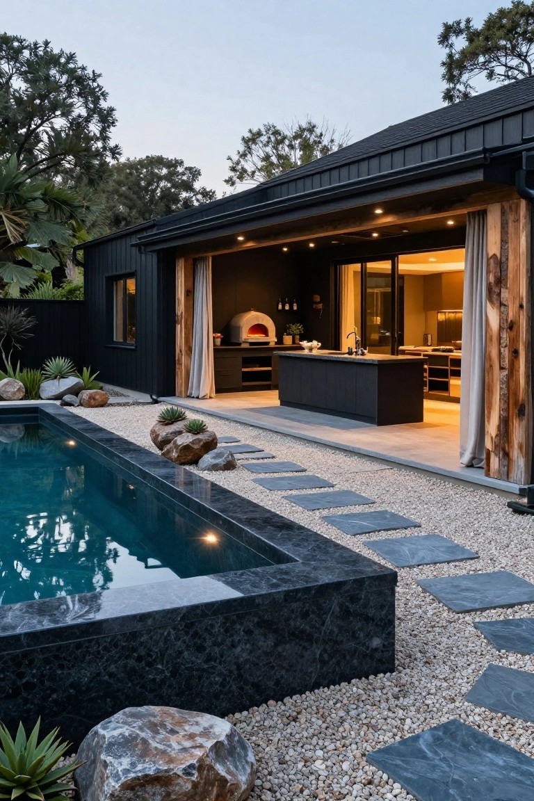 Black clad house exterior with covered pavilion containing wood-fired oven, dark kitchen island, and open views to infinity-edge pool surrounded by gravel, boulders, agave plants, and stone stepping path.