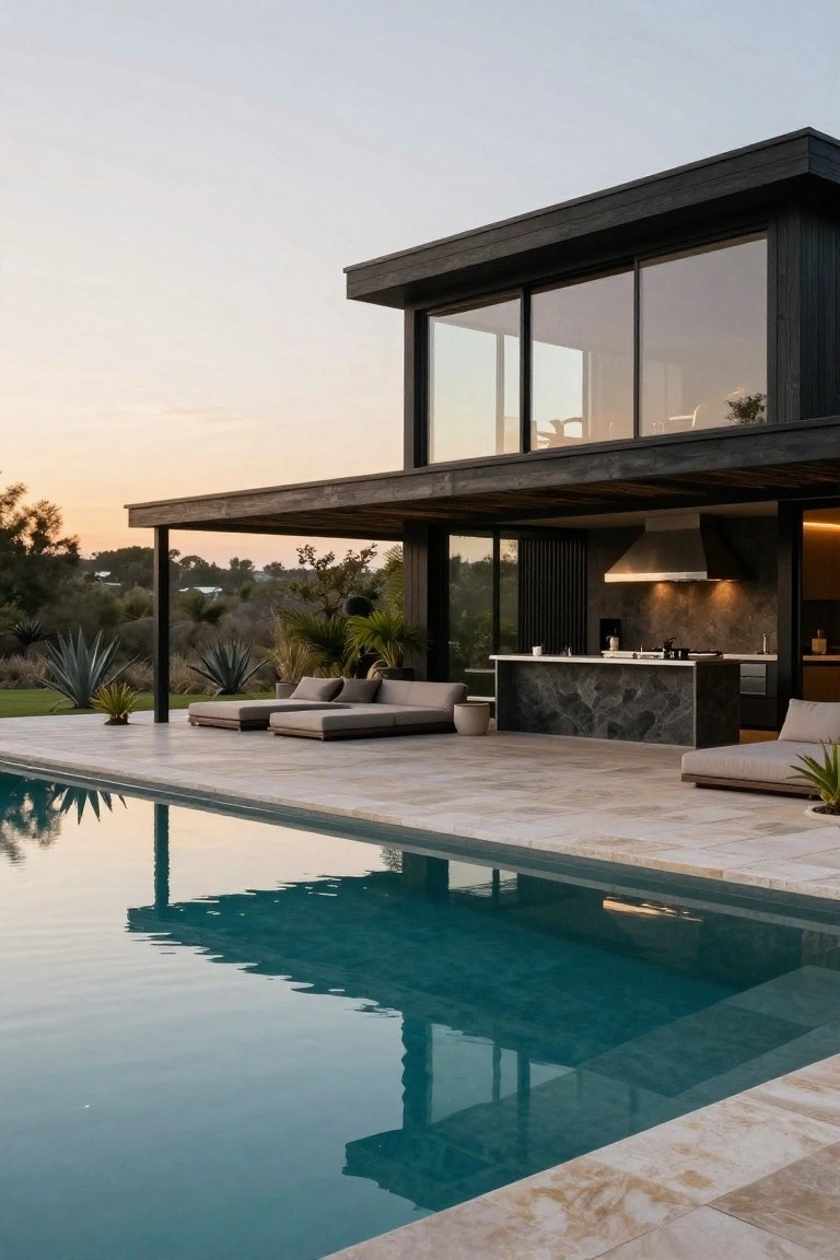Modern black wood-clad house with large glass walls and overhanging roof above a dark stone outdoor kitchen island with stainless range hood, next to low-profile lounge seating on light travertine pool deck with turquoise water and agave plants in desert landscape at dusk.