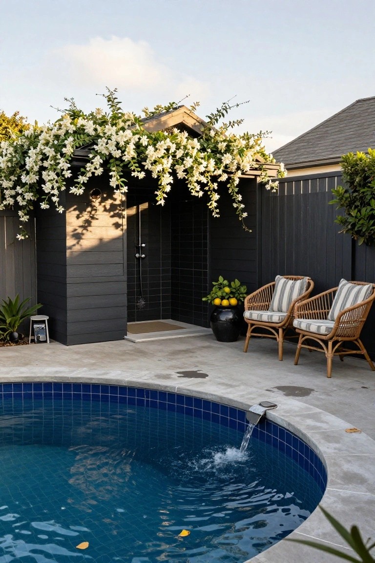 Black wooden outdoor shower enclosure draped in white jasmine vines beside a curved blue mosaic-tiled pool, with two rattan chairs, potted lemon tree, and water spilling from a wall fountain.
