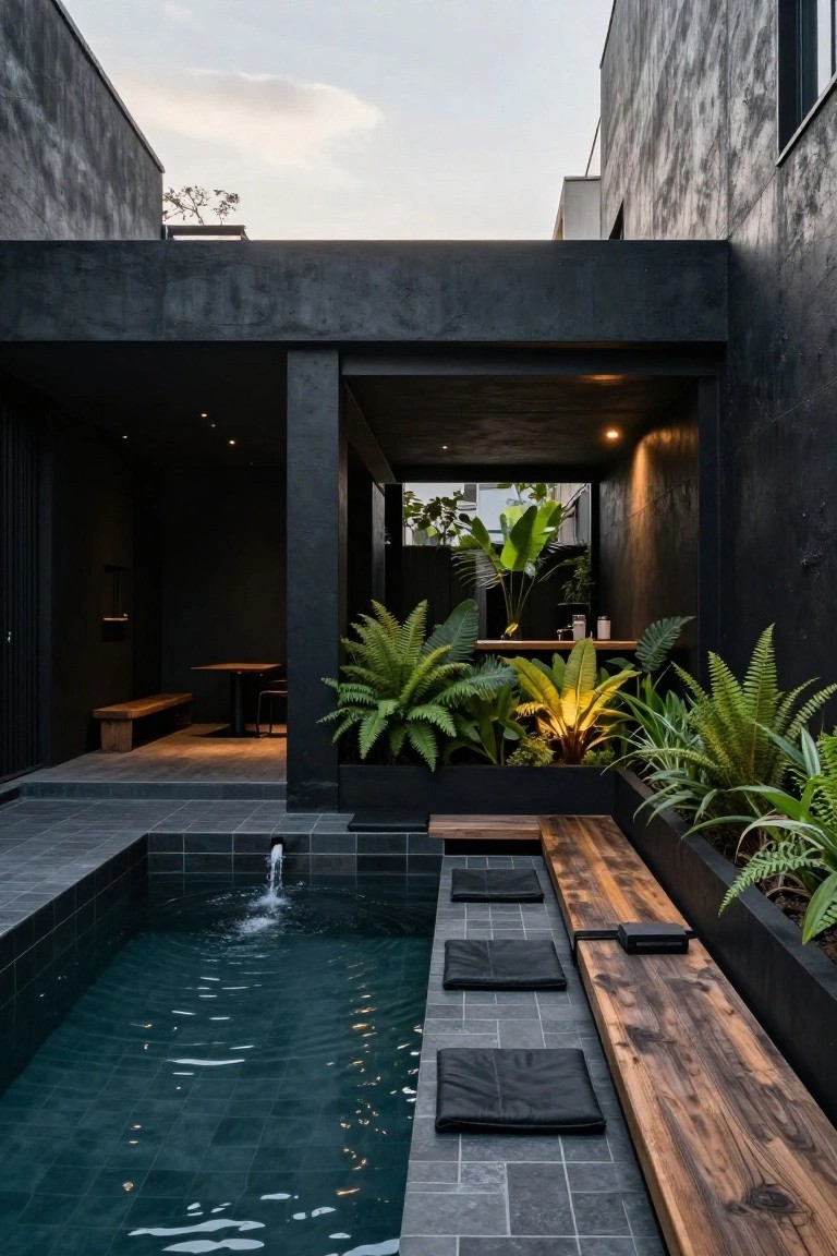 Narrow turquoise pool with fountain in black concrete courtyard, long wooden bench with black cushions along one edge, tropical plants in black planters, dark textured walls, and warm spotlights.