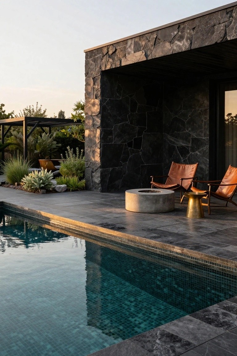 Modern black stone house wall next to an infinity-edge pool with teal tiles, orange leather lounge chairs around a round concrete fire pit on dark gray tiled deck, plants and pergola in background.