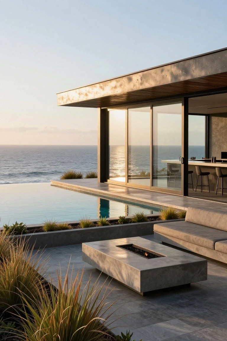 Modern dark-toned house corner with floor-to-ceiling glass doors opening onto an infinity-edge pool terrace, low beige sofas, rectangular concrete fire table with flames, native grasses, and ocean horizon at sunset.