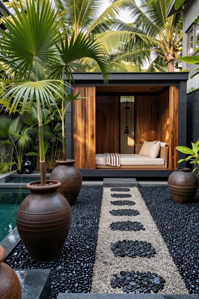 Wooden slatted pavilion with cushioned daybed and outdoor shower beside a rectangular pool, surrounded by palm trees, large terracotta pots, and a black pebble path with flat stepping stones.