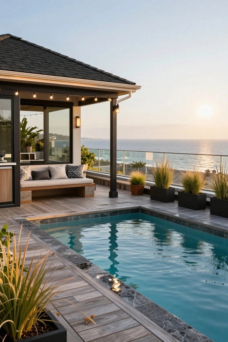Rooftop terrace with a rectangular blue swimming pool along the edge next to a glass balustrade overlooking the ocean at sunset, featuring built-in wooden bench seating with cushions, black planters with tall grasses, and a covered structure with string lights.