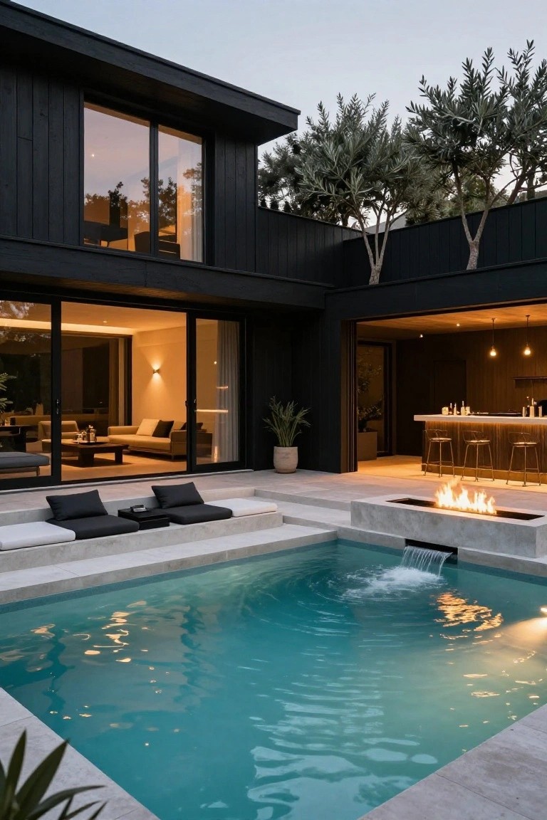 Black modern house exterior with open sliding glass doors overlooking a tiered stone terrace, black lounging cushions, linear gas fire pit, turquoise pool with waterfall feature, and nearby bar stools.