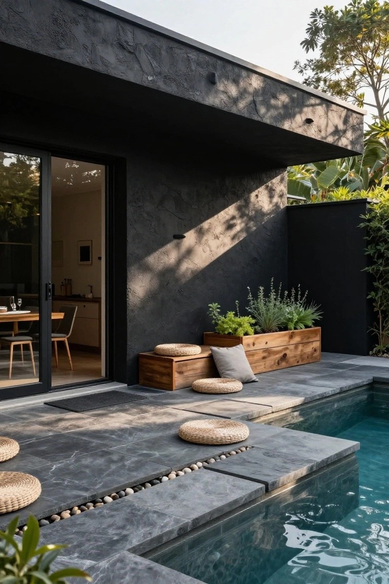 Black textured stucco exterior wall of a modern house with open glass sliding doors revealing an indoor kitchen and dining area, next to a slate-tiled pool deck with wooden rectangular planter boxes used as benches topped with cushions and plants, scattered woven floor cushions, pebble-filled drains along the pool edge, and tropical greenery nearby.