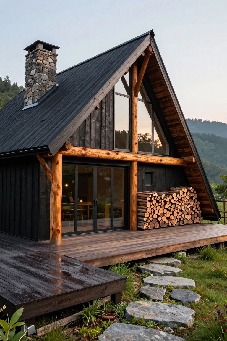 Black A-frame cabin with charred wood siding, exposed log beams, stone chimney, large glass windows and doors, wood stack on deck, stone path, and surrounding green hills.
