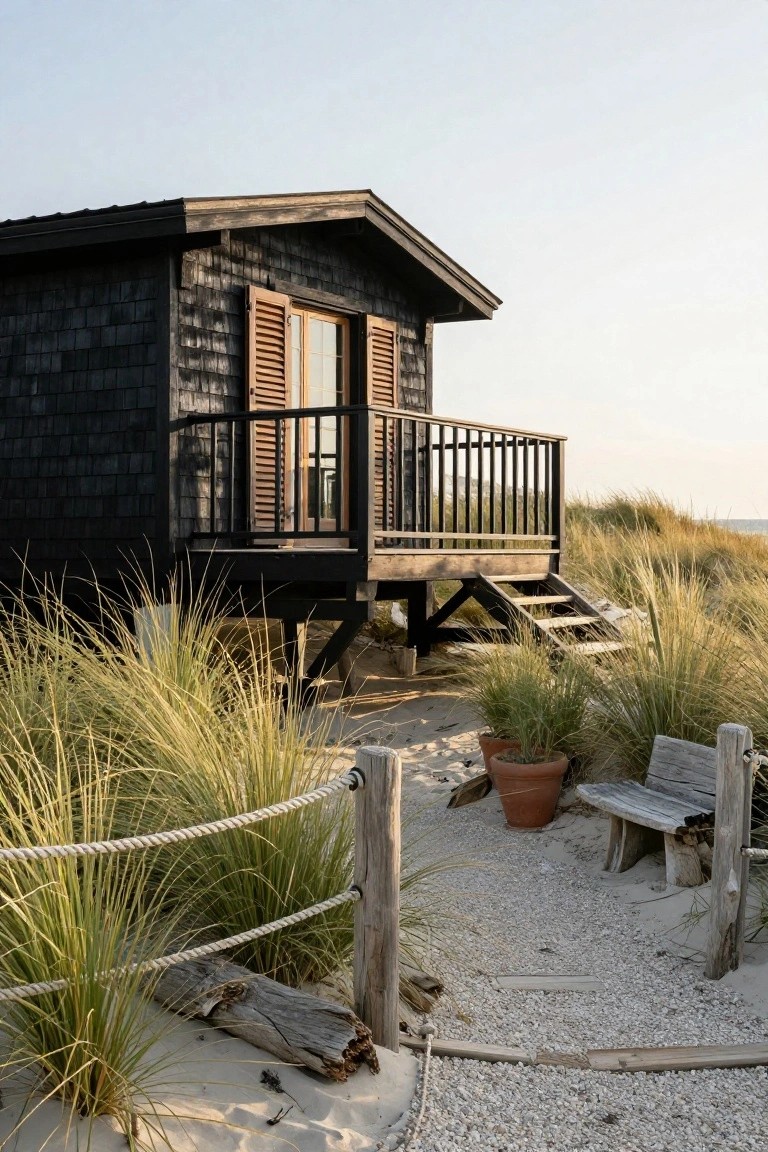 Black Beach Cabin with Wood Deck