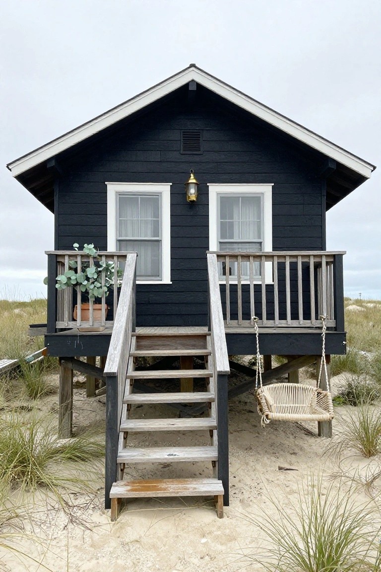Black shingled house elevated on wooden stilts on a sandy beach with dunes and grass, featuring white-framed windows with curtains, wooden stairs and railing leading to a porch, a hanging wicker swing, potted eucalyptus plant, and lantern lights.