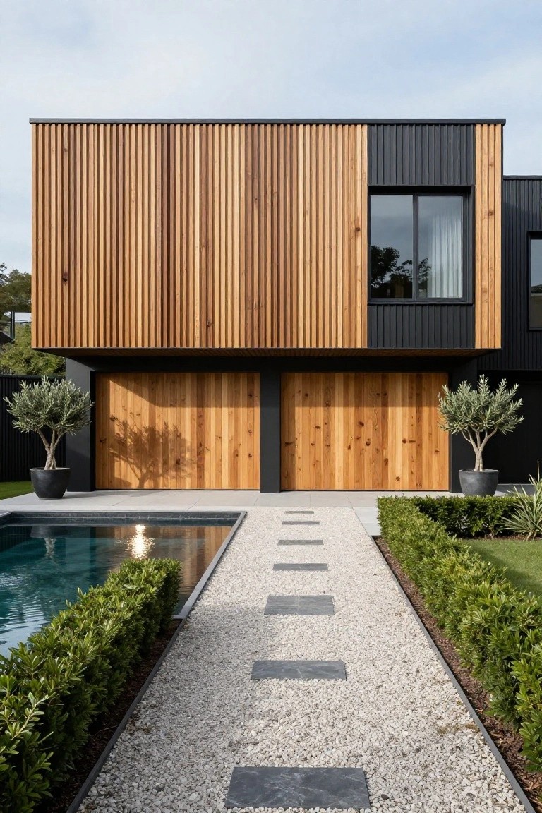 Modern house exterior with black corrugated metal cladding on one side and vertical light wood slats on the other, featuring matching wood garage doors, potted olive trees, a gravel path with black stepping stones leading to an infinity-edge pool edged in boxwood hedges.